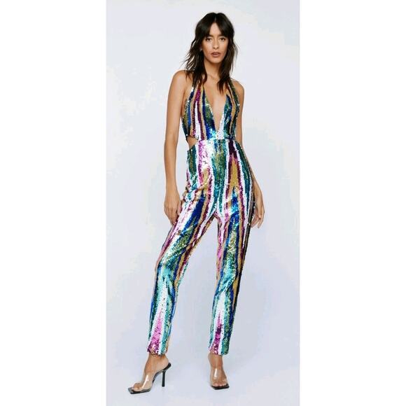 NWT Nasty Gal Stripe Sequin Halterneck Cut Out Jumpsuit Size 8 - Picture 2 of 8